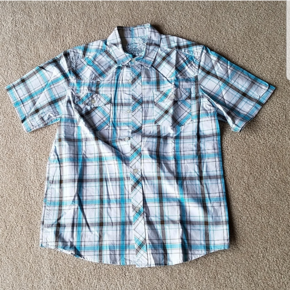 Boys Casual White Plaid Short-Sleeve Button-Down Shirt size 14